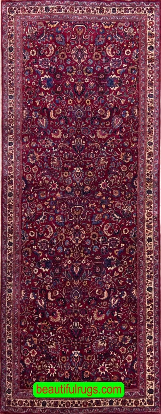 4 foot wide floral Persian Mashad runner in raspberry red color. Size 4.3x10.5