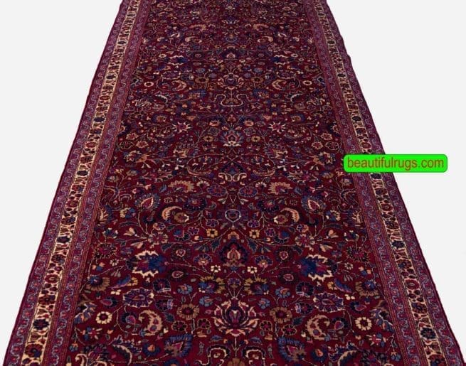 4 foot wide floral Persian Mashad runner in raspberry red color. Size 4.3x10.5