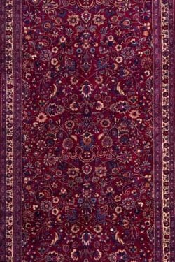 Wide and long Persian Mashad Runner rug in raspberry red color. Size 4.3x16.9