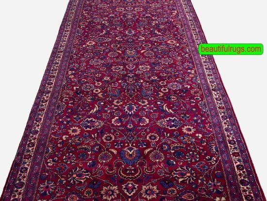 Wide and long Persian Mashad Runner rug in raspberry red color. Size 4.3x16.9
