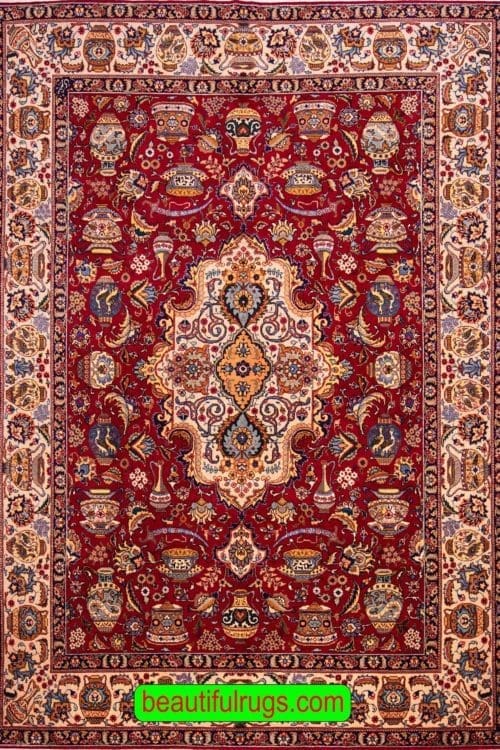 Old Persian Rug, 8×11 Rug, Red Color Persian Tabriz Rug, size 8.2 x 11.2.