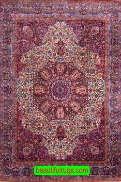 Multicolored Persian Yazd rug with red and pink. Size 9.8x13.6