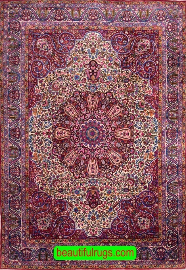 Multicolored Persian Yazd rug with red and pink. Size 9.8x13.6