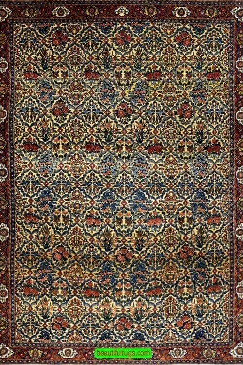 Antique Persian Bakhtiari rug, beige, and terracotta color. Size 15.3x20.5.