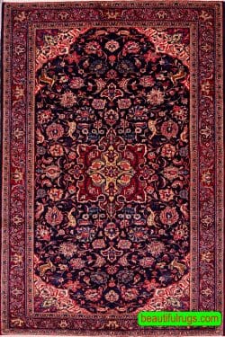 Persian sarouk rug with birds and animals, navy blue and red color. Size 4.6x7