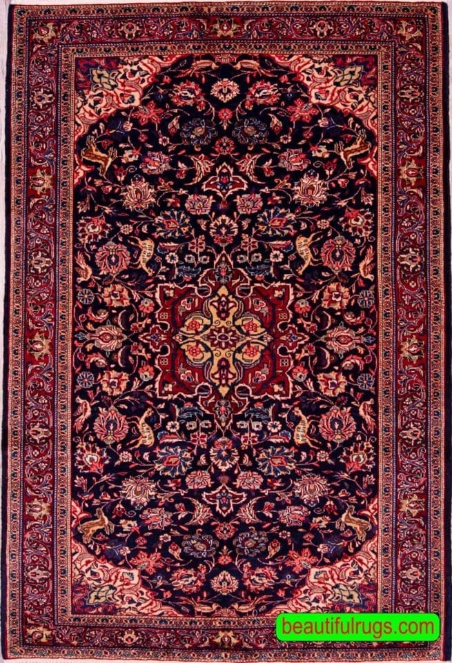 Persian sarouk rug with birds and animals, navy blue and red color. Size 4.6x7
