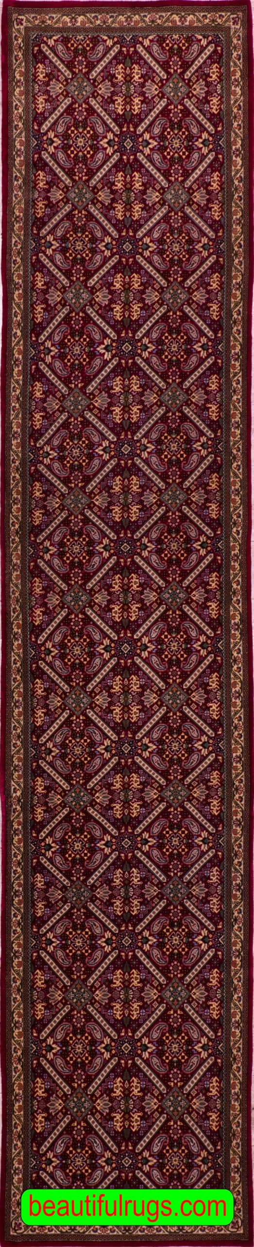 Persian Qum runner rug made of wool in red color. Size 2.10x13.6