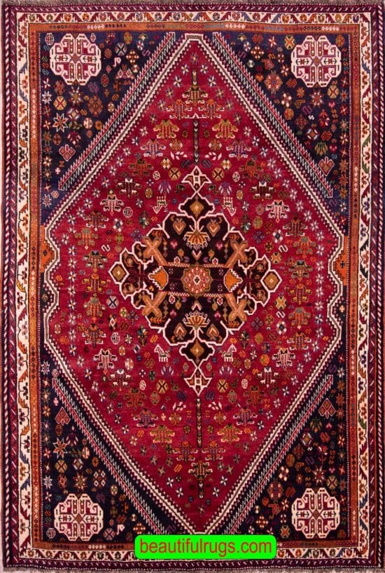 Persian Handmade Rug, Red Color Geometric Persian Shiraz Rug, size 6x9