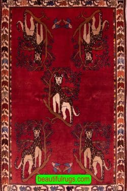 Tribal Rug, Persian Shiraz Rug with Lion, Red Rug. Size 4.7x7