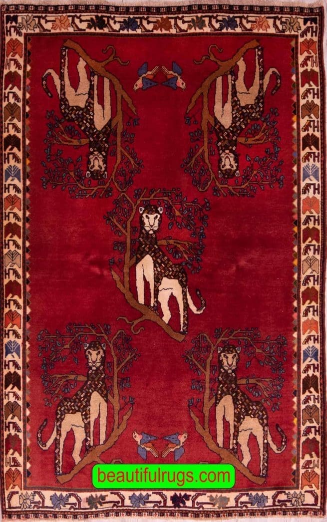 Tribal Rug, Persian Shiraz Rug with Lion, Red Rug. Size 4.7x7