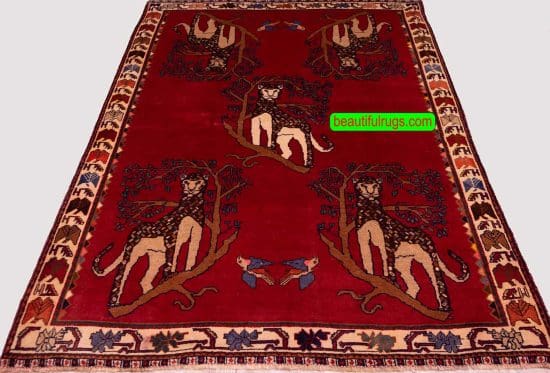 Tribal Rug, Persian Shiraz Rug with Lion, Red Rug. Size 4.7x7