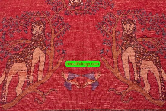 Tribal Rug, Persian Shiraz Rug with Lion, Red Rug. Size 4.7x7