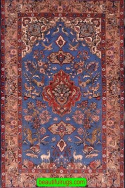 Blue Color Handmade Persian Qum Rug with Rooster and Deer, size 4.7x7