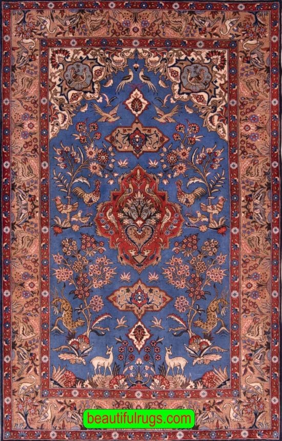 Blue Color Handmade Persian Qum Rug with Rooster and Deer, size 4.7x7