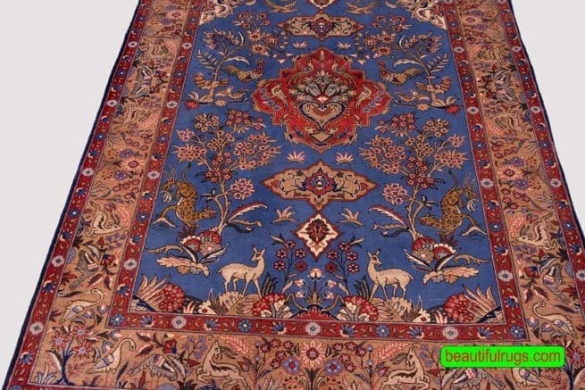 Blue Color Handmade Persian Qum Rug with Rooster and Deer, size 4.7x7
