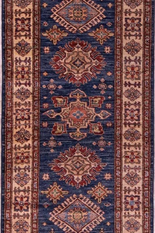 Kazak style rug from Pakistan in navy blue color. Size 2.8x10.7