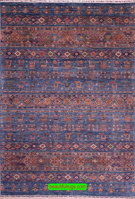 Handmade Khotan design rug from Pakistan in blue color. Size 6.8x9.9