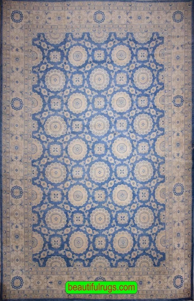 Extra large handmade Oushak style rug in blue color. Size 12.8x19.3