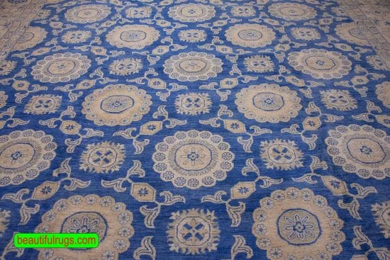 Extra large handmade Oushak style rug in blue color. Size 12.8x19.3