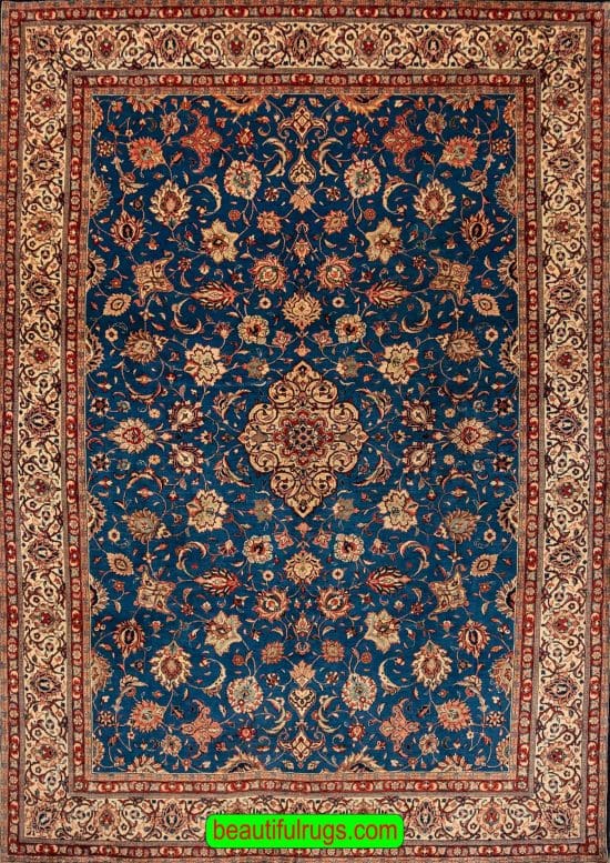 Blue Color Wool Rug, Handmade Persian Sarouk Rug, Traditional Rug