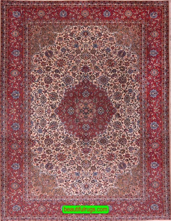 Handmade Persian Sarouk floral rug with beige color. size 8.6x10.6.