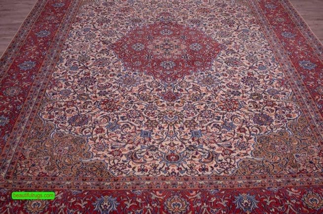 Handmade Persian Sarouk floral rug with beige color. size 8.6x10.6.