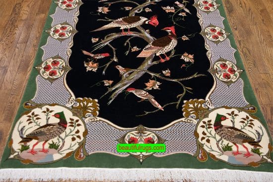 Hand knotted Persian Qum rug in black and green colors with quails on the tree. Size 4x6.9
