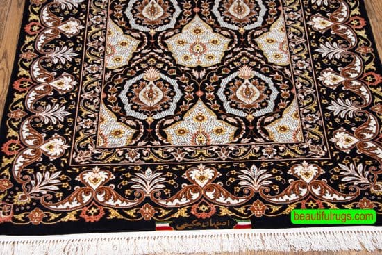 Small Persian rug, hand knotted Persian Isfahan rug in black and gold colors. Size 3.6x5.6.