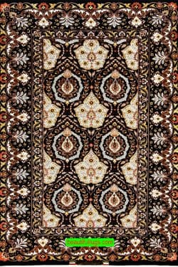 Small Persian rug, hand knotted Persian Isfahan rug in black and gold colors. Size 3.6x5.6.