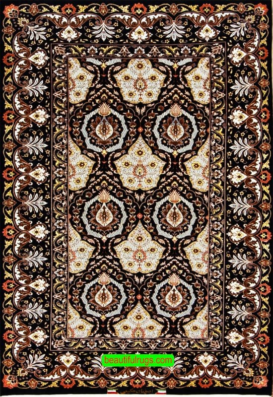 Small Persian rug, hand knotted Persian Isfahan rug in black and gold colors. Size 3.6x5.6.