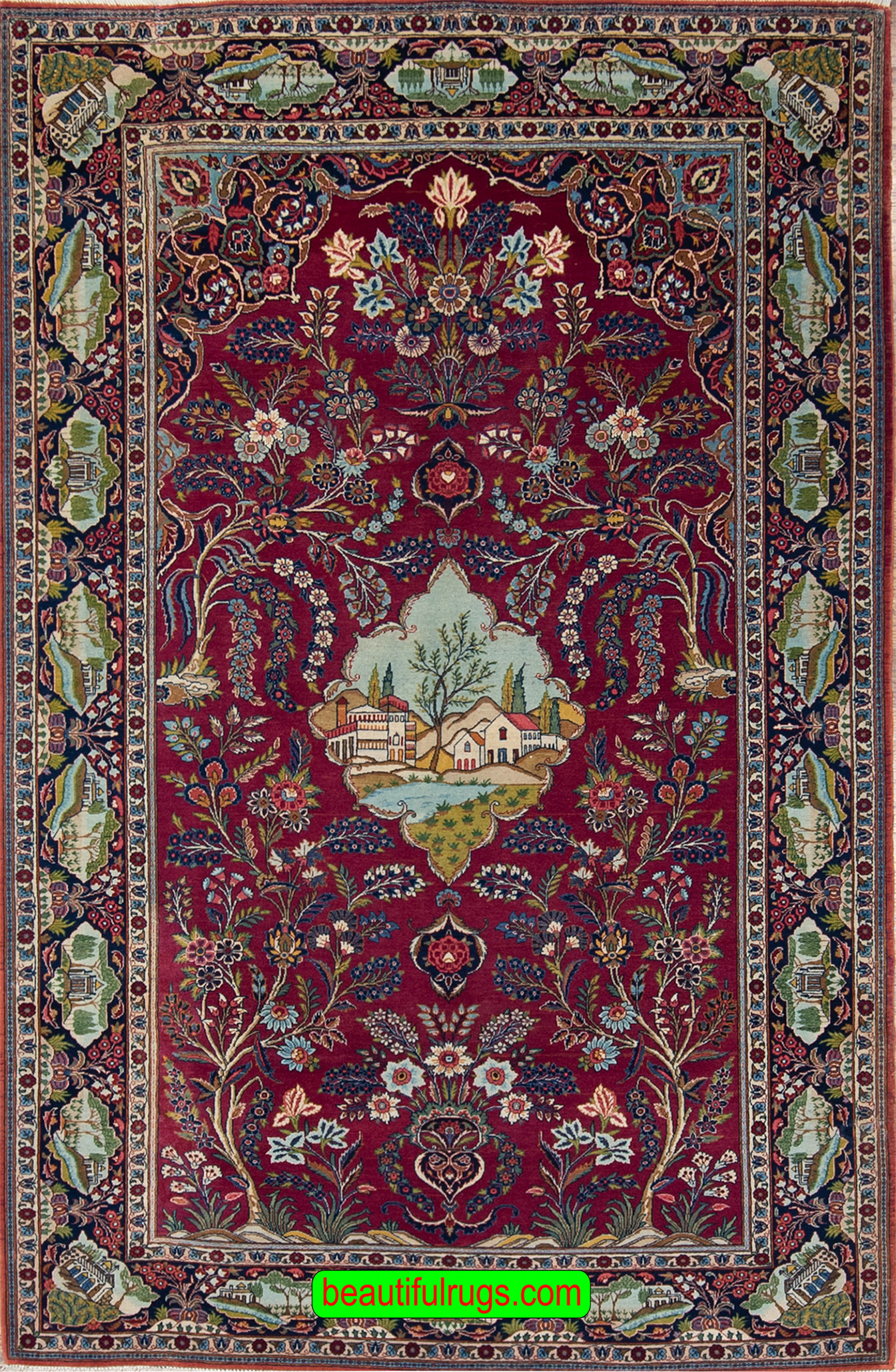 Antique Persian Scenery Design Kashan Rug