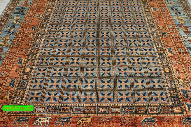 Pazyryk Design Wool Rug with Gray Blue and Rust Color
