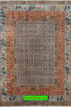 Pazyryk Design Wool Rug with Gray Blue and Rust Color