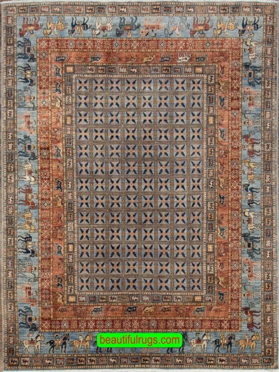 Pazyryk Design Wool Rug with Gray Blue and Rust Color