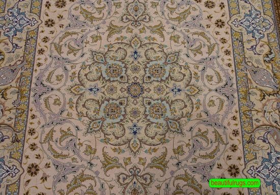 Silk Persian rug, multicolor vegetable dyed handmade Persian Isfahan rug. Size 4.4x6.6