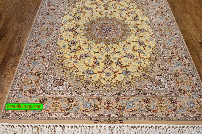 Yellow color Persian Isfahan silk and wool rug. Size 5.1x7.4