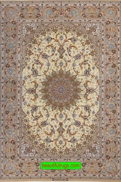 Yellow rug, Persian Isfahan silk and wool rug. Size 5.1x7.4