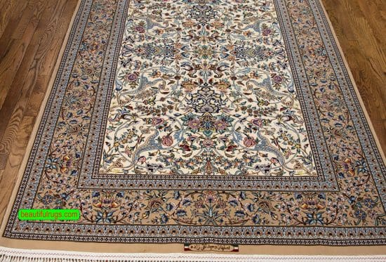 Beige rug, Persian Isfahan silk and wool rug. Size 5x7.6.