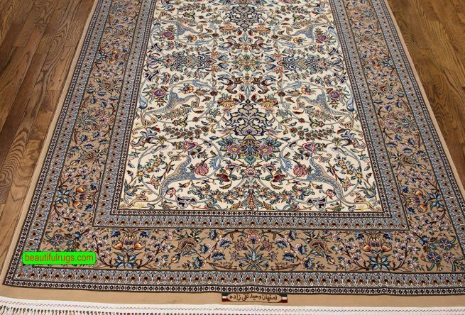 Beige color Persian Isfahan silk and wool rug. Size 5x7.6