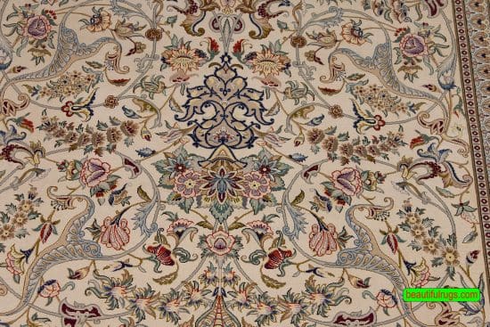 Beige rug, Persian Isfahan silk and wool rug. Size 5x7.6.