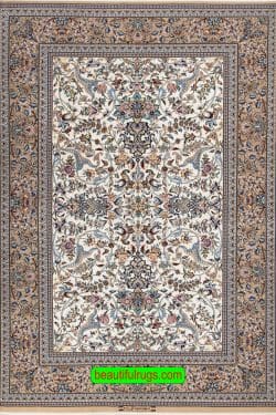 Beige rug, Persian Isfahan silk and wool rug. Size 5x7.6.