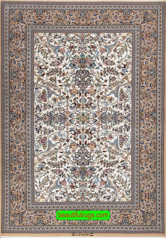 Beige rug, Persian Isfahan silk and wool rug. Size 5x7.6.