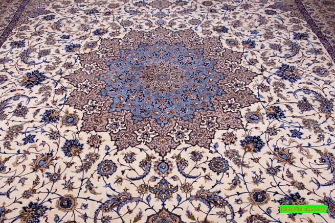 Large area rug, Persian Isfahan rug with beige and blue. size 11.9x16.8