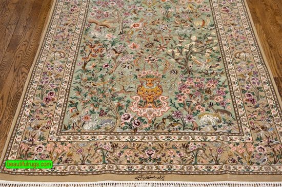 Green Persian rug handmade Persian Isfahan kork wool and silk rugs with birds and flowers. Size 4.x7.