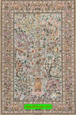 Green Persian rug handmade Persian Isfahan kork wool and silk rugs with birds and flowers. Size 4.x7.