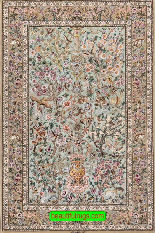 Green color Persian Isfahan kork wool and silk rugs with birds and flowers. Size 4.x7