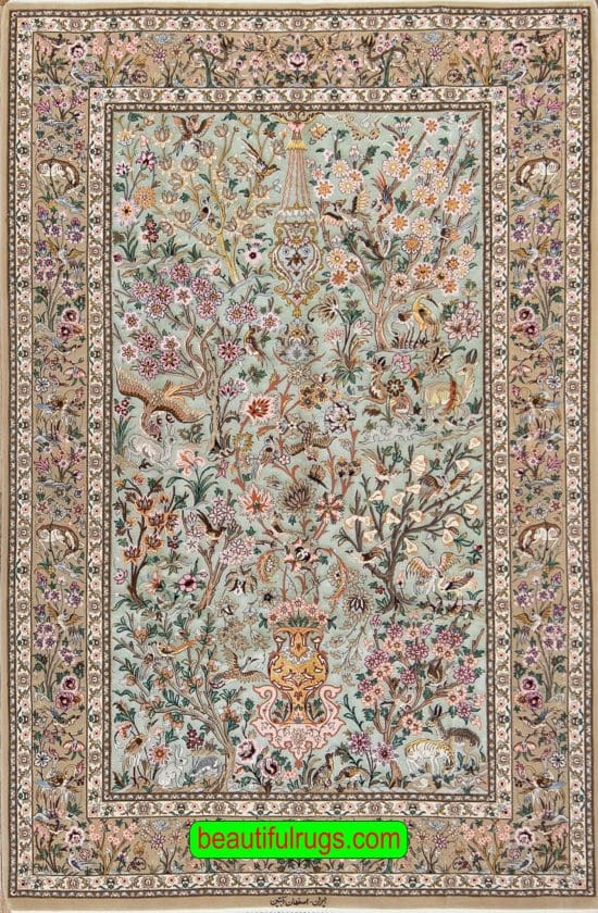 Green Persian rug handmade Persian Isfahan kork wool and silk rugs with birds and flowers. Size 4.x7.