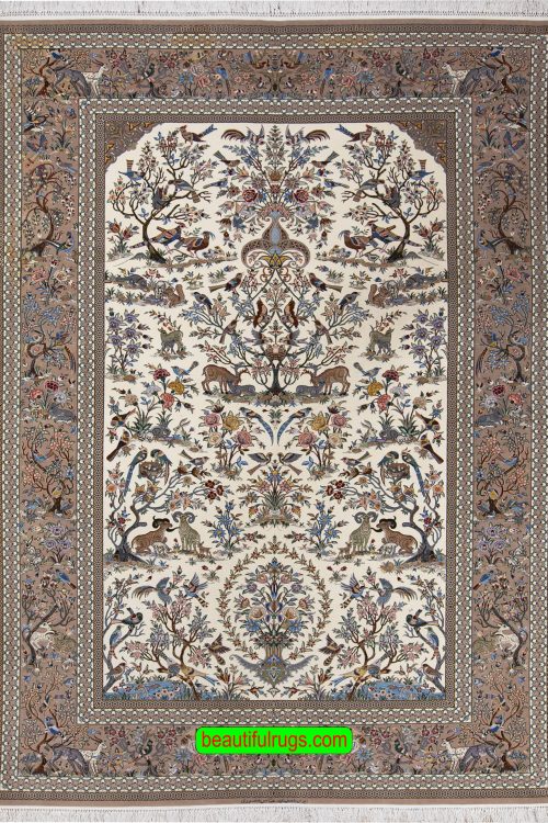 Persian Isfahan beige color rug, wool and silk rug with birds and animals. Size 7x9.9.
