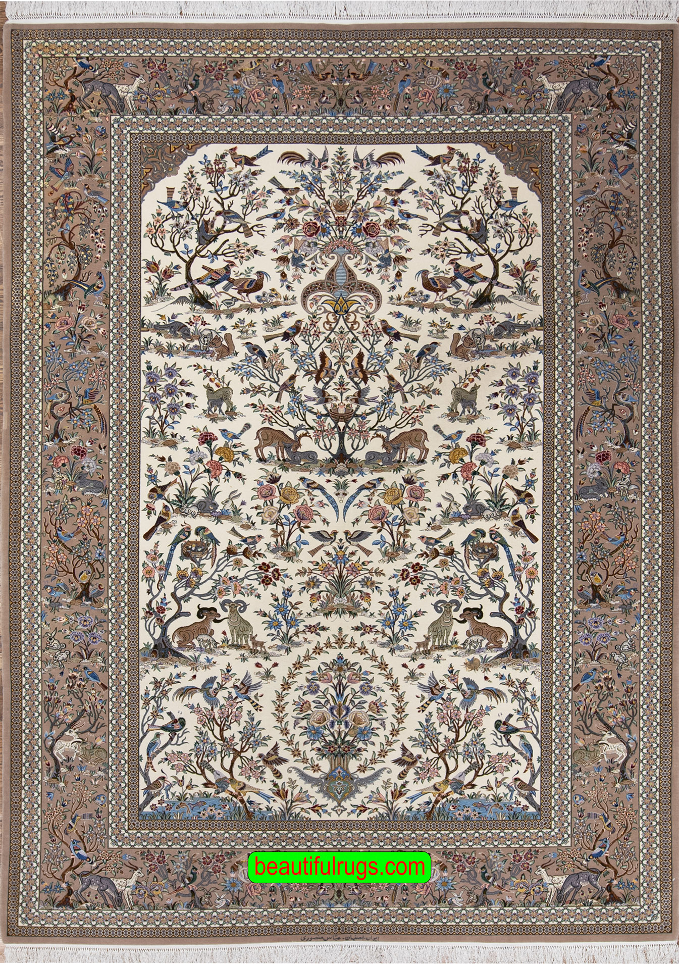 Persian Isfahan beige color rug, wool and silk rug with birds and animals. Size 7x9.9.