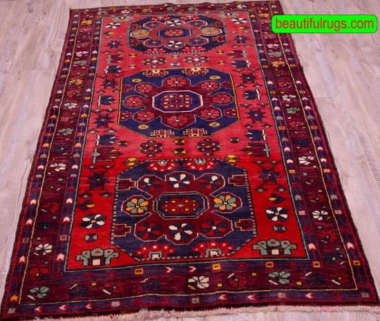 Authentic Russian rug, geometric Caucasian rug with red and navy blue colors. Size 4x6.2